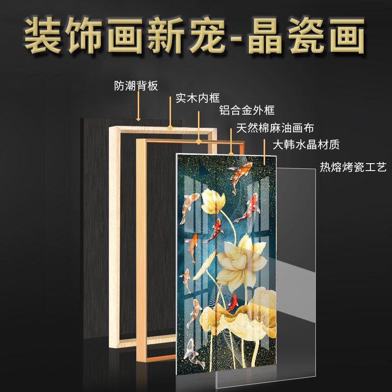 九鱼图玄关装饰画入户镇宅招财轻奢荷花高端过道晶瓷镶钻走廊竖版