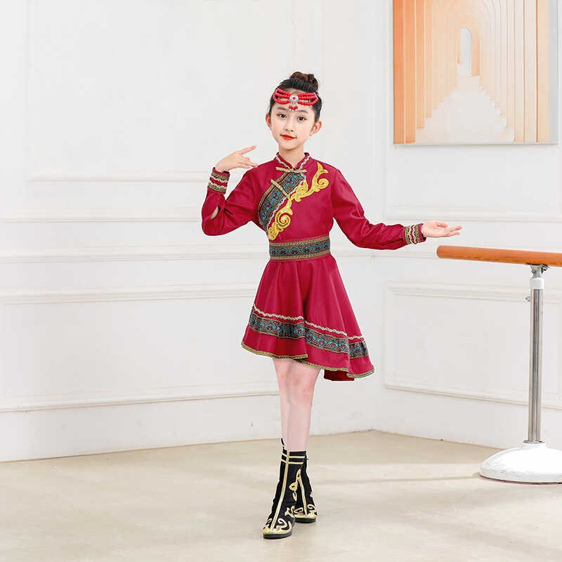 新款六一表演服草原筷子舞儿童蒙古舞蹈演出服少数民族蒙古袍女童