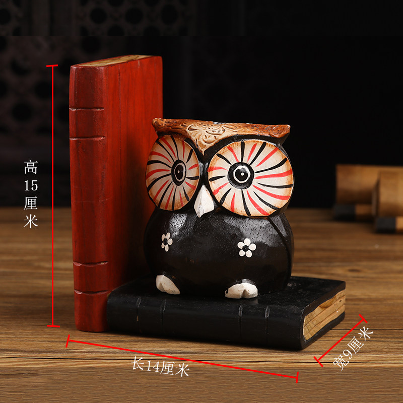 泰国工艺品木雕复古书挡摆件办公室书房电脑桌装饰品小猫头鹰书立