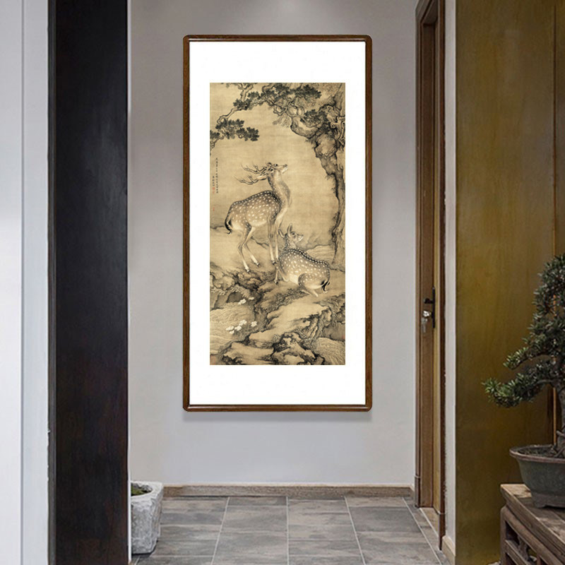 沈铨国画受天百禄图梅花鹿挂画新中式客厅侧面装饰画寓意好的壁画