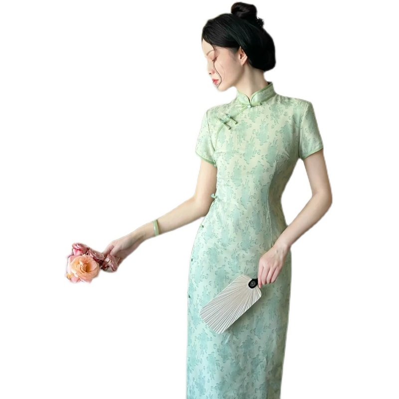 橘里CHIU清冷温婉短袖仙女风改良版旗袍日常淡雅绿色智熏版连衣裙