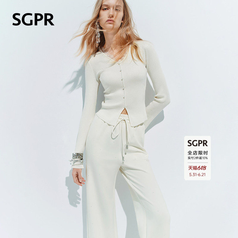 【SGPR】白色针织衫2026年春季新款V领套头毛衣收腰蕾丝薄款上衣