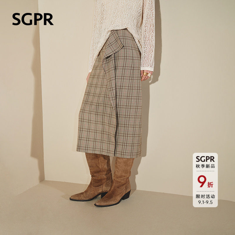 【SGPR】复古经典格纹侧边叠片半身裙26秋新款高腰百搭直筒中长裙