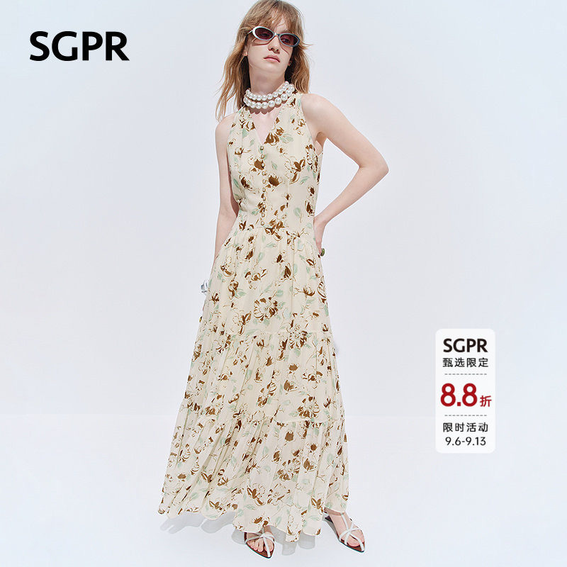 【SGPR】法式V领印花无袖收腰连衣裙26秋新款碎花雪纺层叠长裙