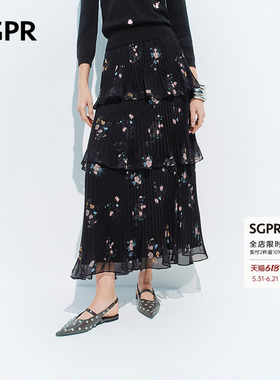 【SGPR】黑色印花半身裙2026年春季新款蛋糕裙压褶半裙高腰纱裙