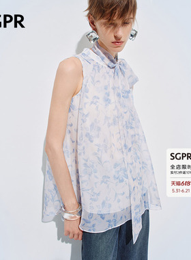 【SGPR】法式优雅感蓝色碎花挂脖上衣26夏A字印花雪纺飘带上衣
