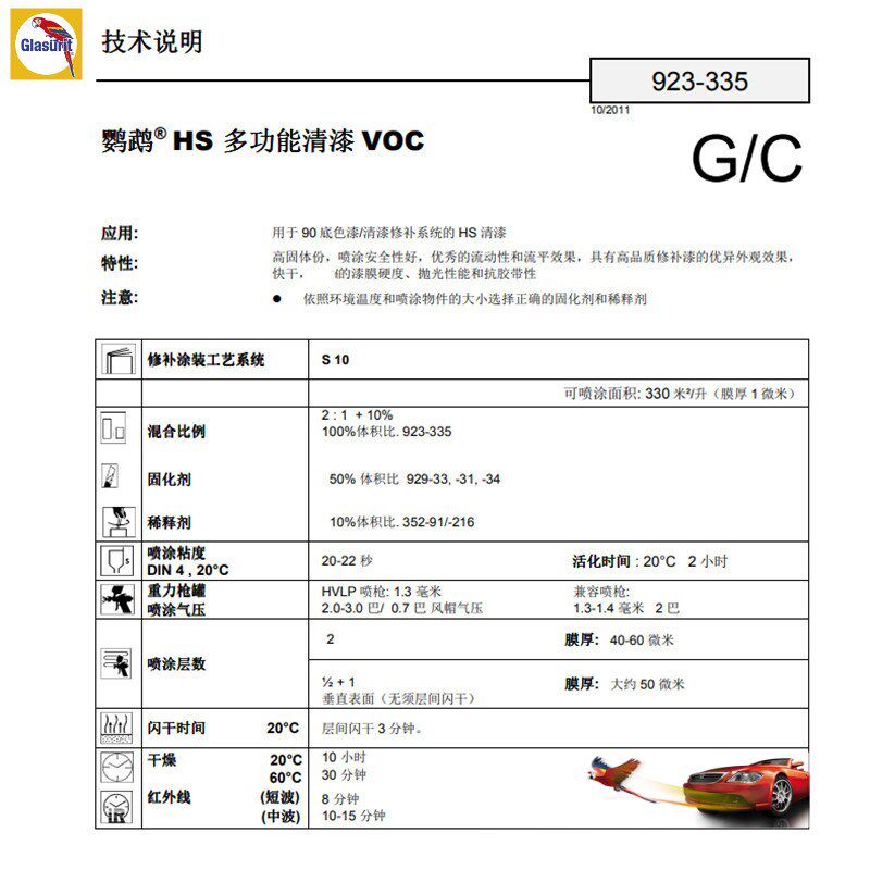 鹦鹉清漆汽车漆透明油漆专用光油固化剂稀释剂快干慢666 335 447