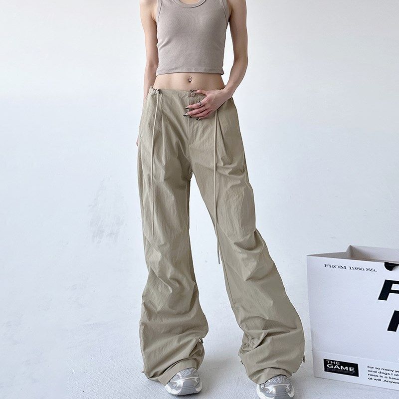 美式街头抽绳褶皱设计感低腰微喇伐工装裤女宽松降落伞休闲长裤