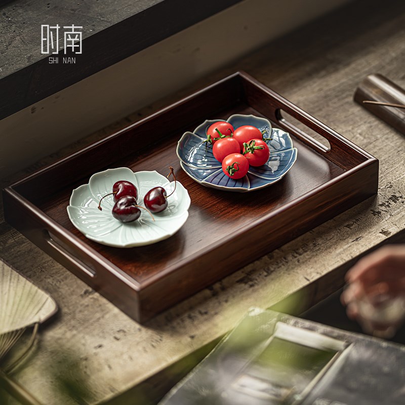 竹制提手托盘长方形胡桃色茶盘商用酒店餐盘蛋糕零食茶点糕点盘子