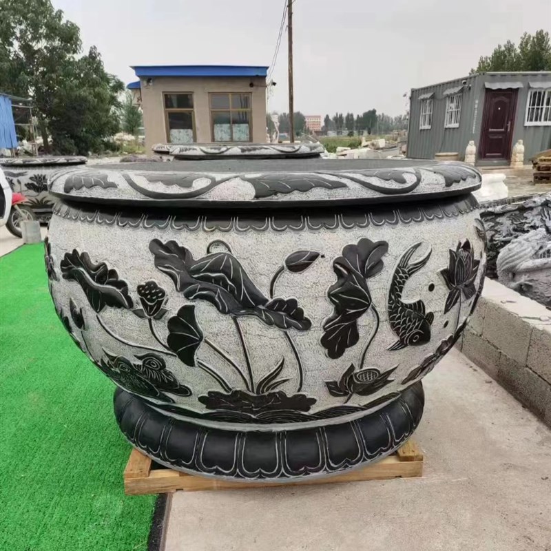 石雕汉白玉花盆鱼缸石槽庭院造景摆件天然水缸晚霞红荷花缸石门海