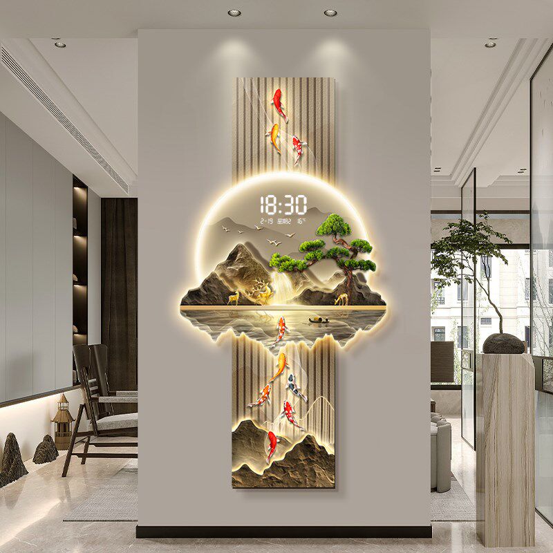 九鱼图入户玄关装饰画轻奢高级感走廊过道挂画新中式带时钟壁灯画