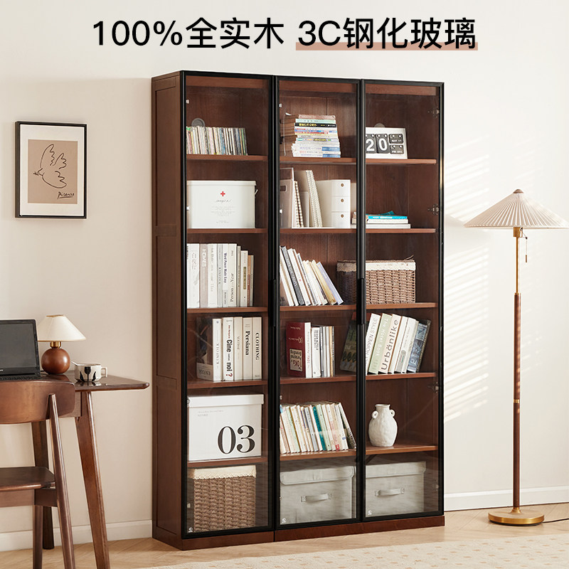 实木玻璃门书柜客厅立柜窄柜简约置物柜格子柜自由组合储物展示柜