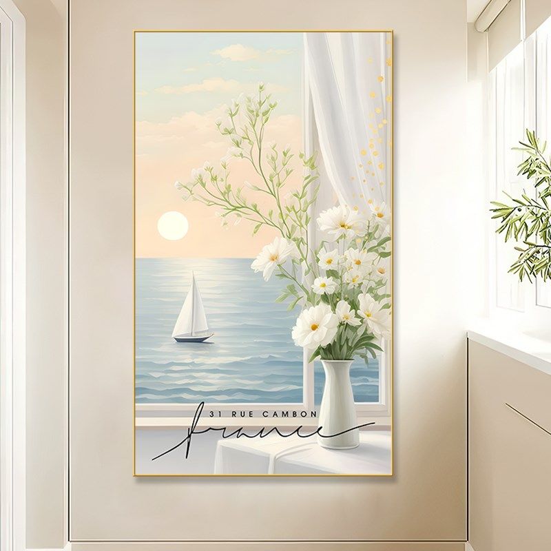 入户海景玄关装饰画奶油风过道走廊挂画客厅背景墙肌理落地海壁画