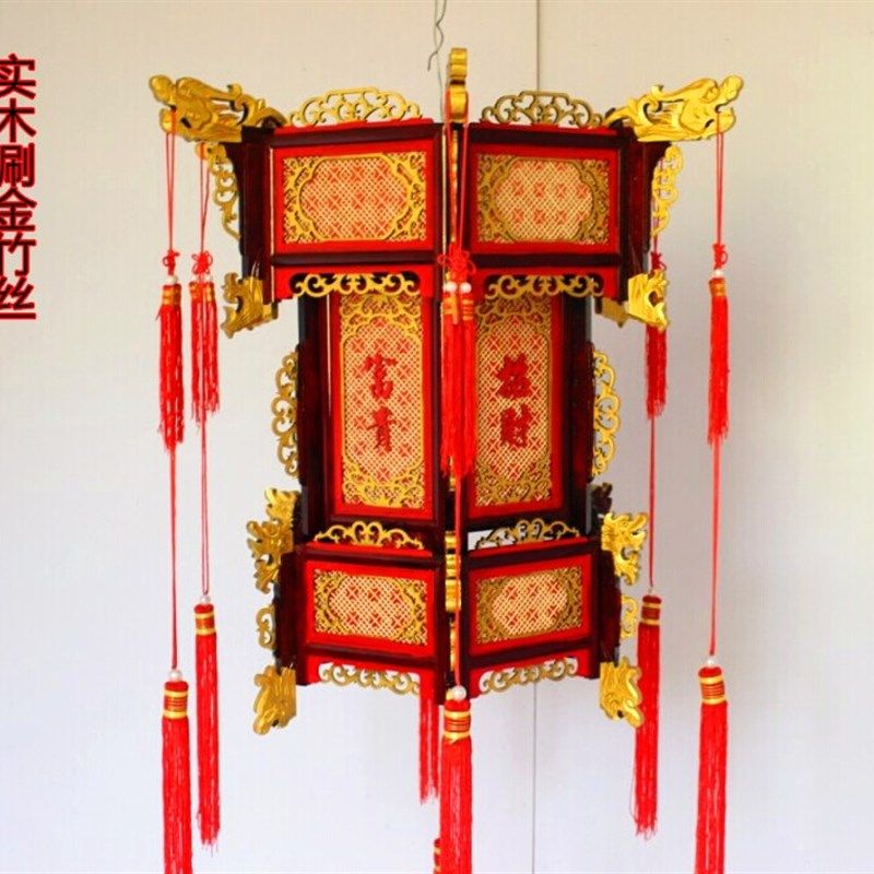 东阳木雕涮金实木六角仿古宫灯木质走廊阳台吊灯带铁链灯头