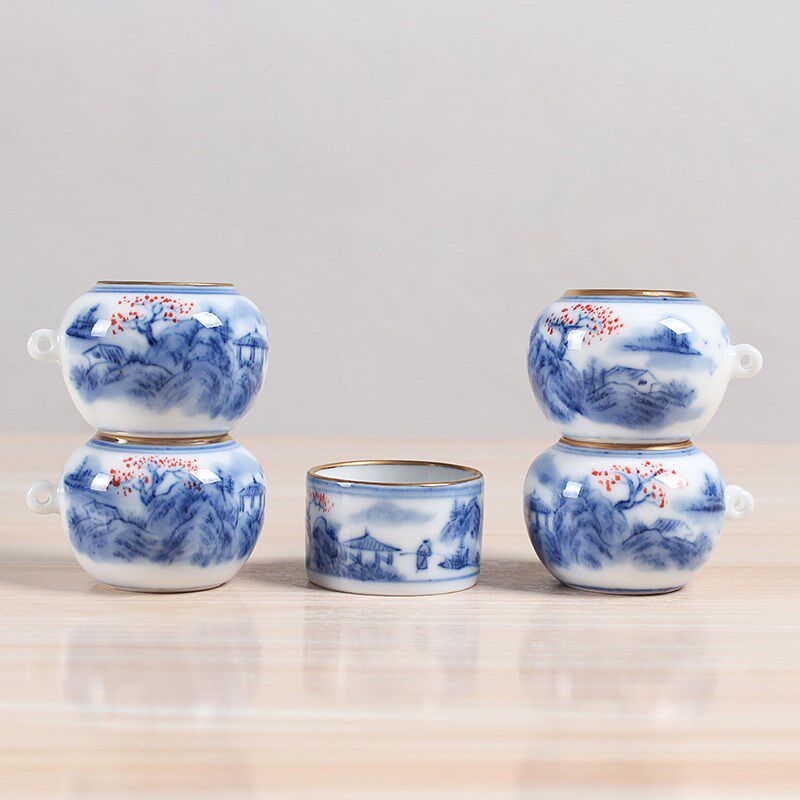 华胜堂 景德镇手绘青花描金口山水五件套红子罐鸟食罐 鸟笼配件