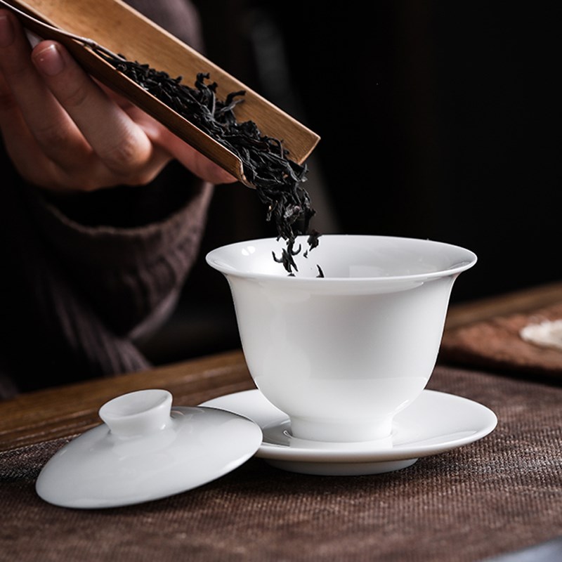 德化白瓷盖碗大号泡茶三才茶碗功夫茶具陶瓷品茶茶碗单个家用套装