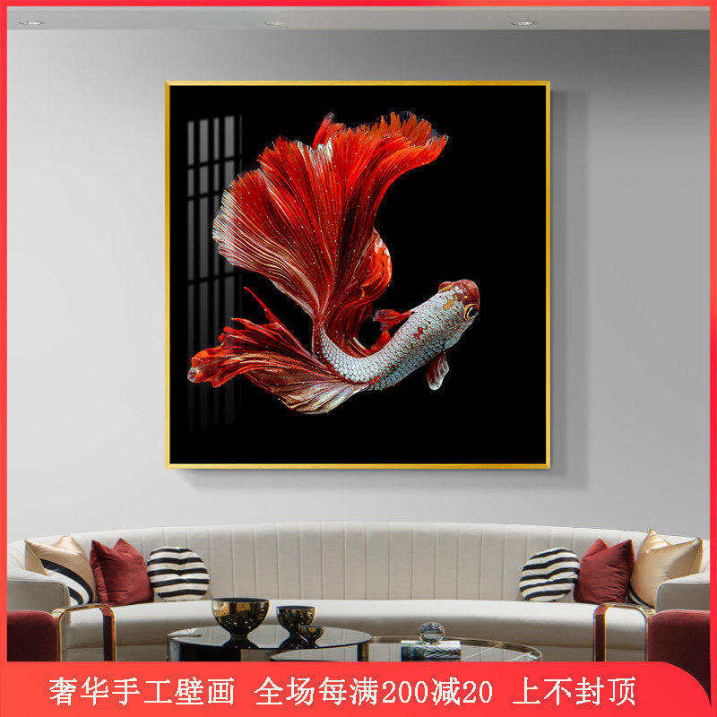 红色鱼画镶钻晶瓷画轻奢壁画斗鱼走廊过道餐厅挂画入户玄关装饰画