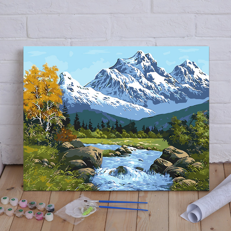 diy数字油画手绘 包水风景装画饰 雪山映湖 过道客厅卧室 山邮