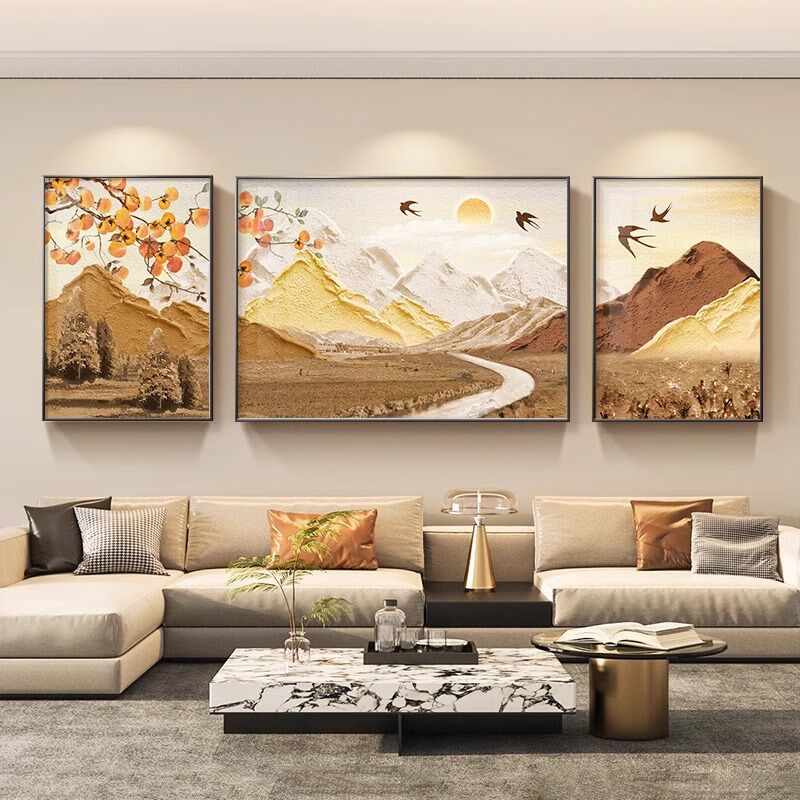 背有靠山客厅装饰画山水画侘寂墙肌景感沙发背理风挂画三联墙壁画 - 实物图