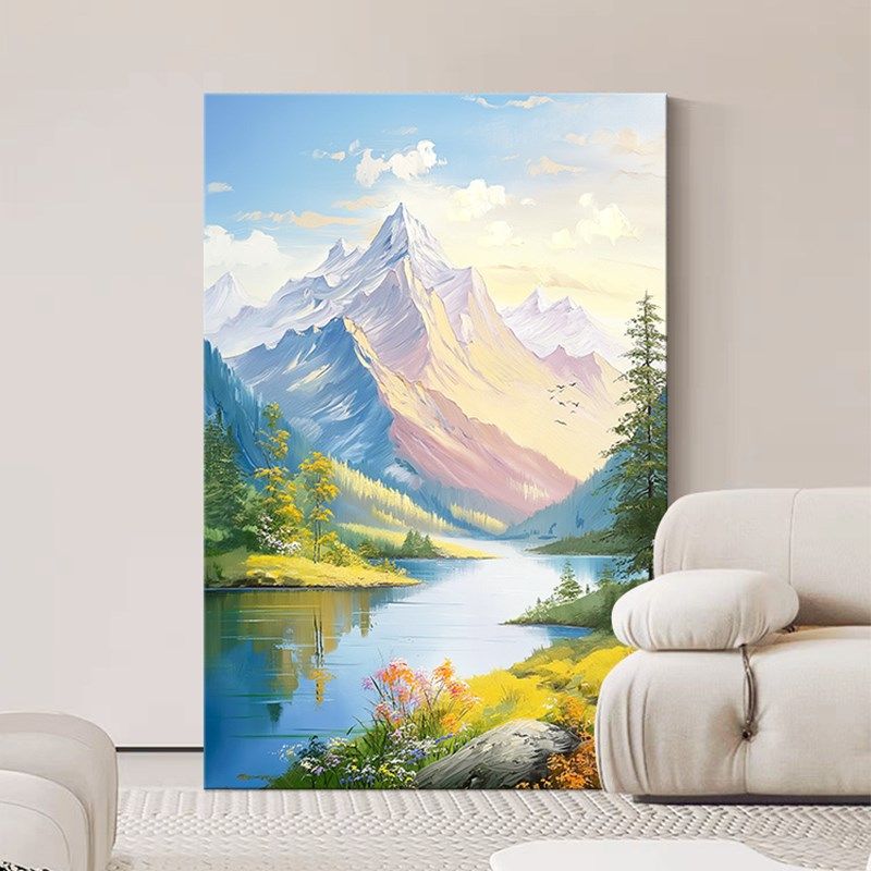 日照金山客厅沙发背景墙装饰画奶油风手绘油画风景山水画玄关挂画