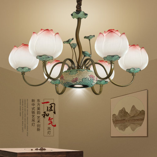 中代新现式吊灯客厅大厅小客厅餐厅楼具别墅铁艺LED荷花灯梯套餐
