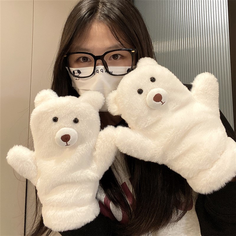 可爱小熊毛绒手套女生冬季骑行保暖加绒加厚情侣款冬天挂颈棉手套
