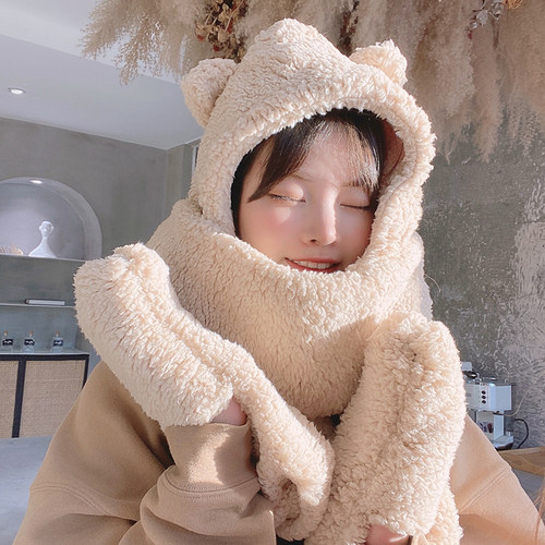 冬季加厚小熊耳朵围巾帽子一体羊羔绒围脖韩版可爱百搭毛绒女学生