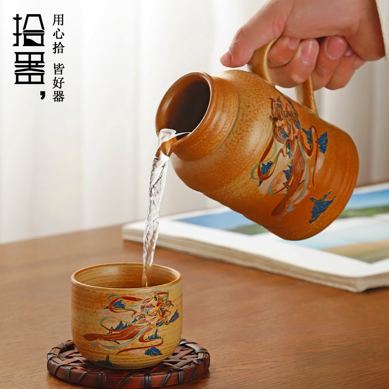 敦煌飞天复古焖茶壶小暖壶带盖茶杯水杯陶瓷内胆家用凉水壶花茶壶