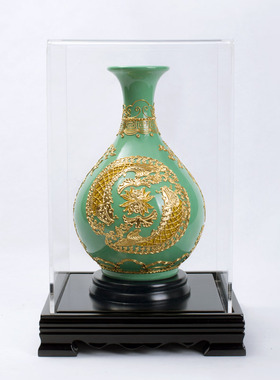 年年有余玉壶春淡绿瓶 金箔漆线雕工艺品摆件创意博古架装饰品