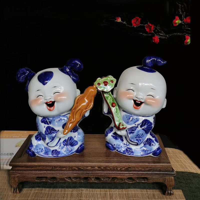 陶瓷摆件中式创意摆设结婚送礼雕塑可爱手绘青花陶瓷娃娃家居装饰