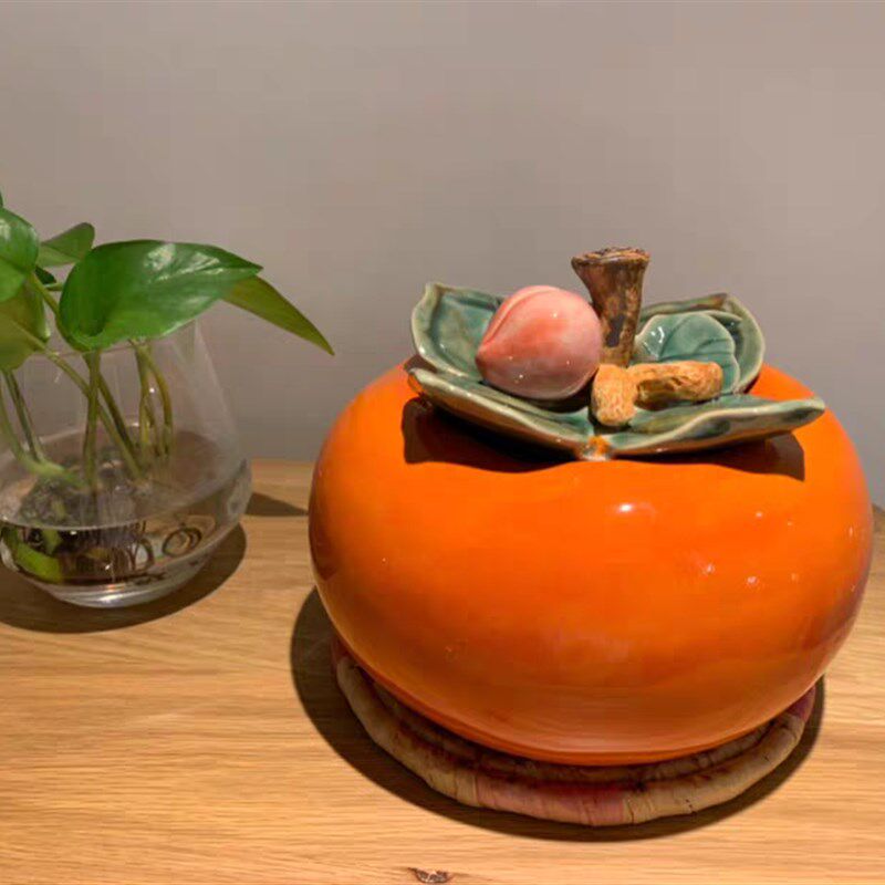 陶瓷柿子花篮手工摆件客厅创意储物罐中式家居工艺装饰水果小摆件