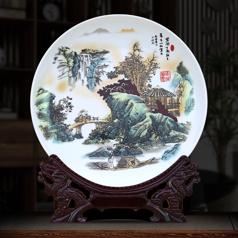 景德镇陶瓷盘粉彩山水摆件客厅装饰摆盘子挂盘玄关饰品墙定制图案