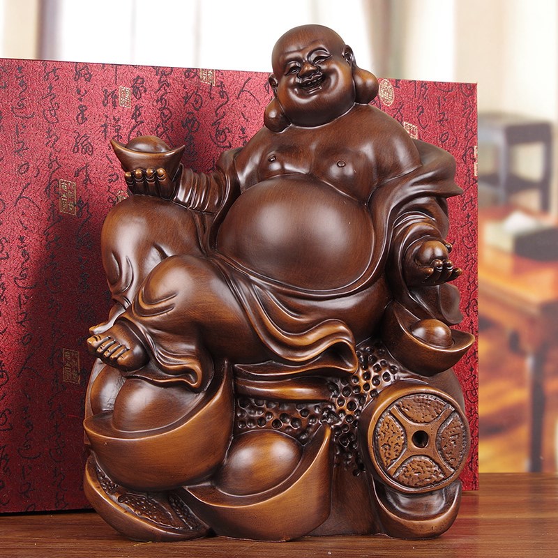 弥勒佛摆件实木雕刻招财元宝笑佛像雕塑店铺公司开 业前台收