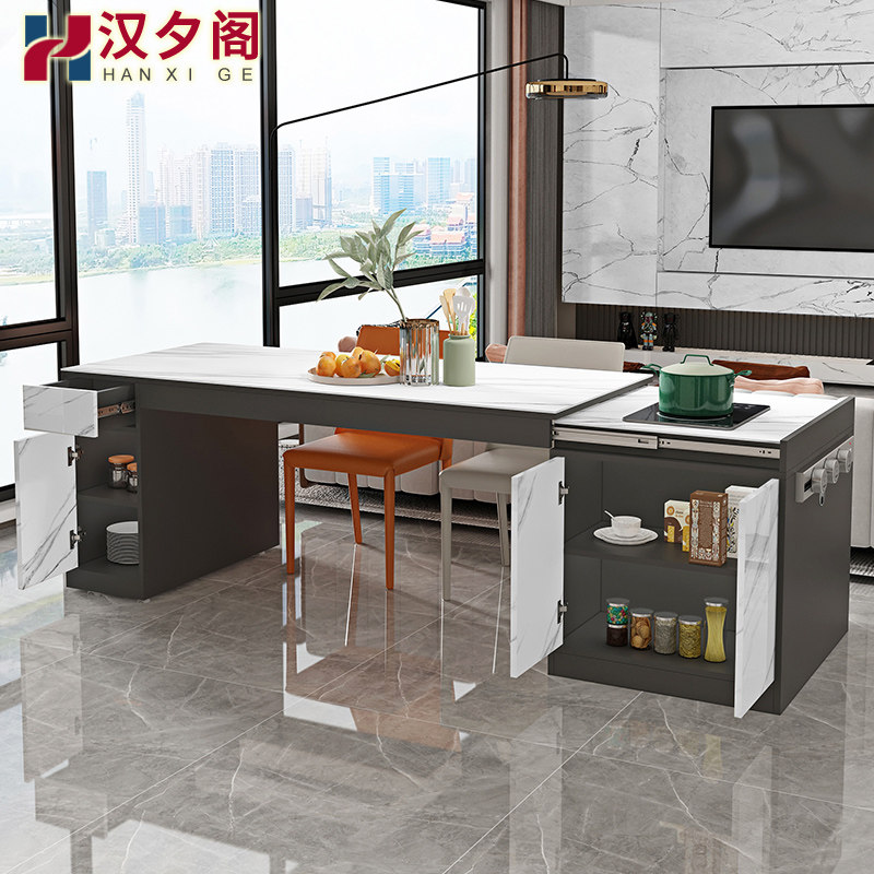 轻奢伸缩岩板岛台餐桌一体开放式厨房中岛台吧台料理台展示桌8E30