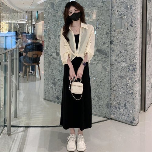 小个子时尚套装裙女士夏装新款长袖防晒衬衫吊带连衣裙休闲两件套