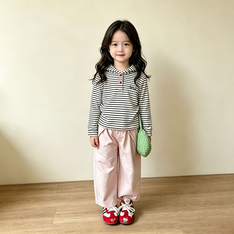 女童秋季新款黑白条纹连帽卫衣