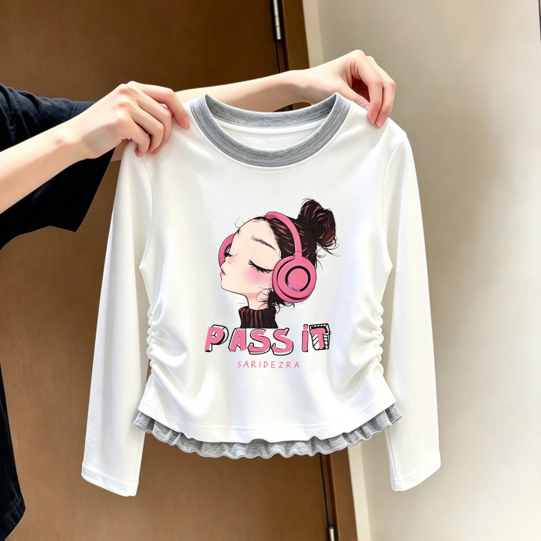 童装女童洋气甜美印花春秋保暖长袖T恤木耳边下摆白色打底衫上衣