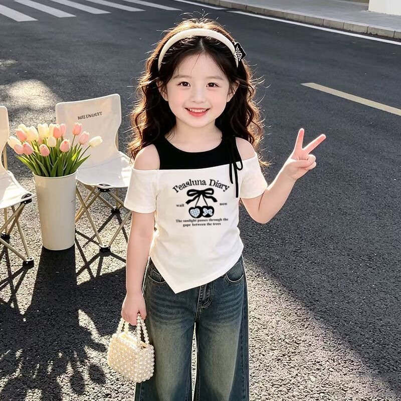 女童夏季韩版挂脖露肩短袖T恤