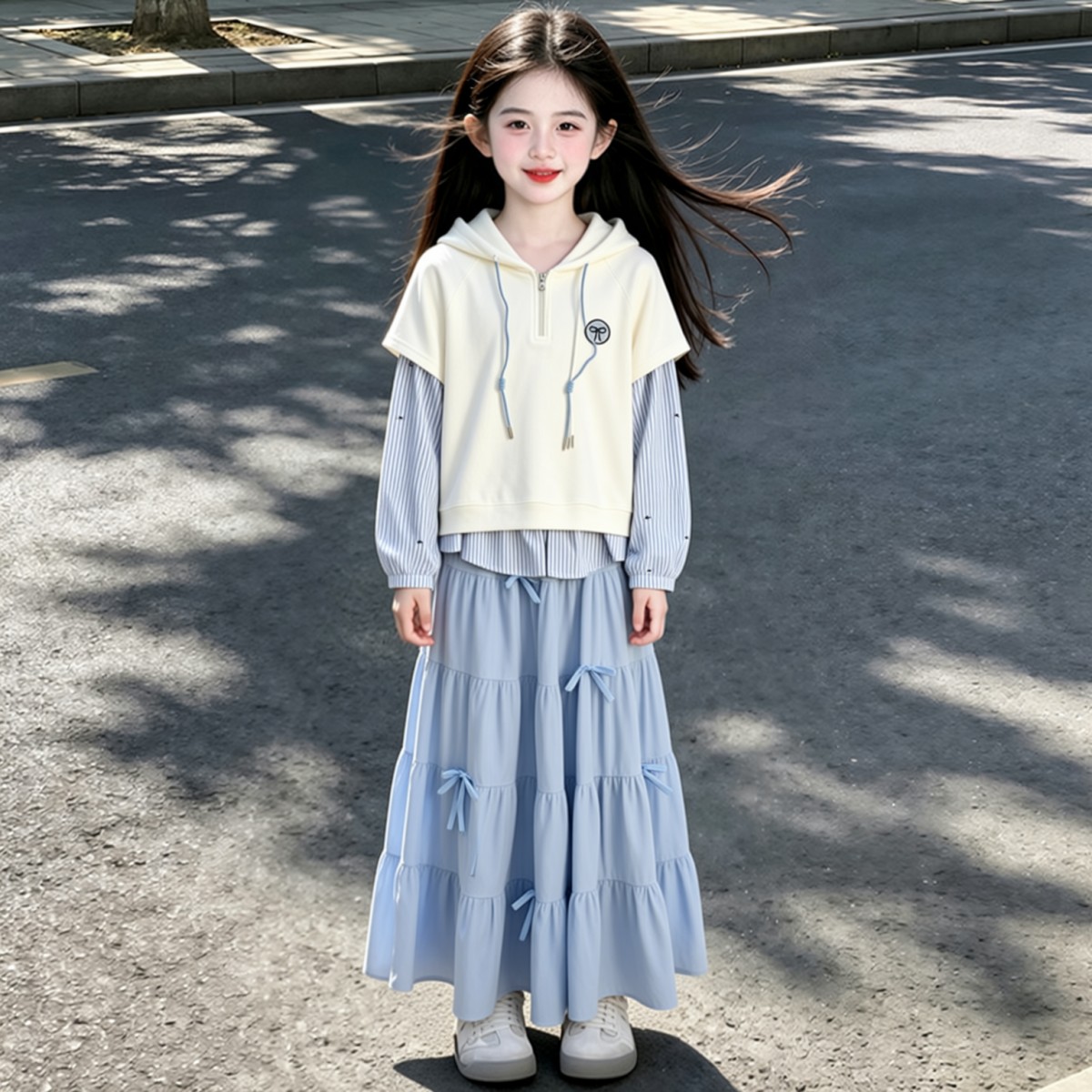 女童春秋学院风连帽卫衣半裙套装