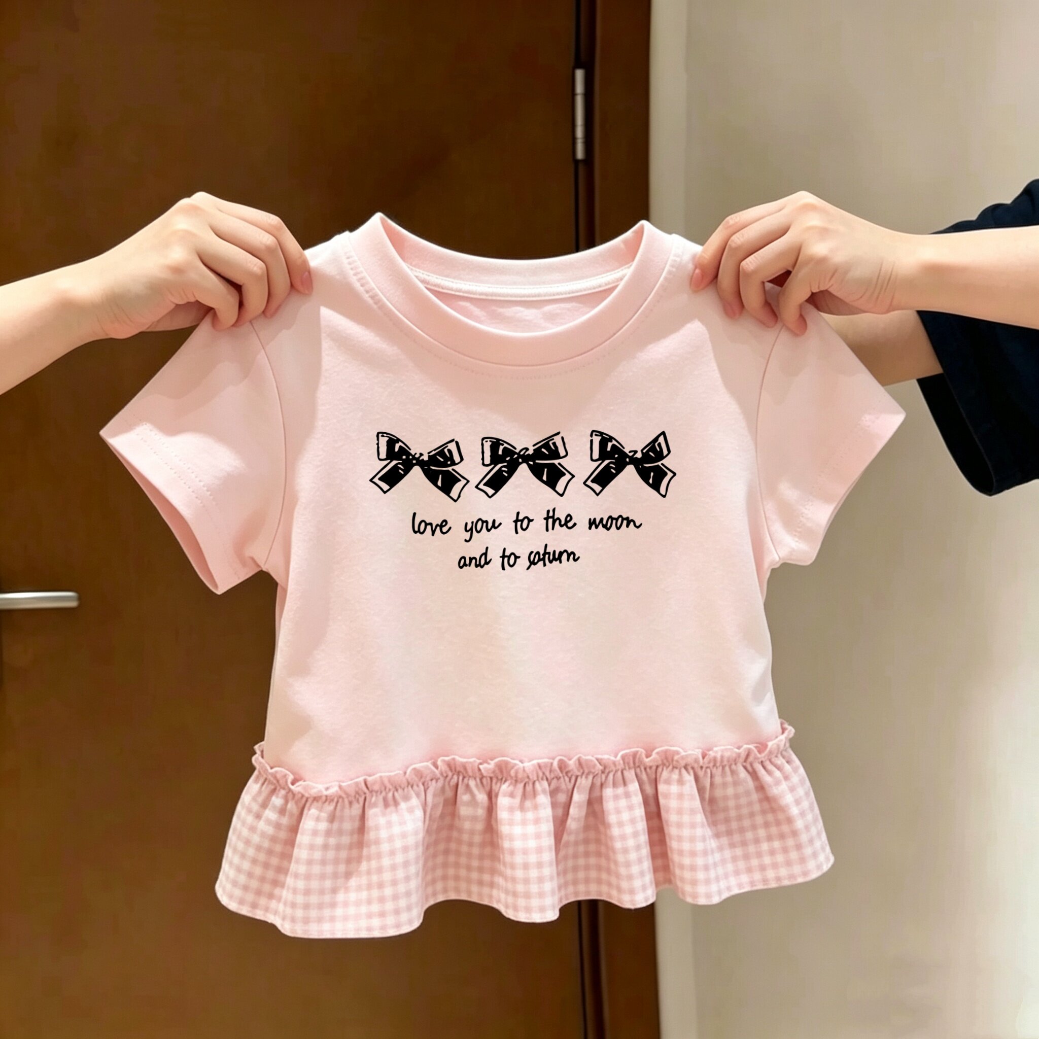 女童夏季韩风格子拼接短袖T恤