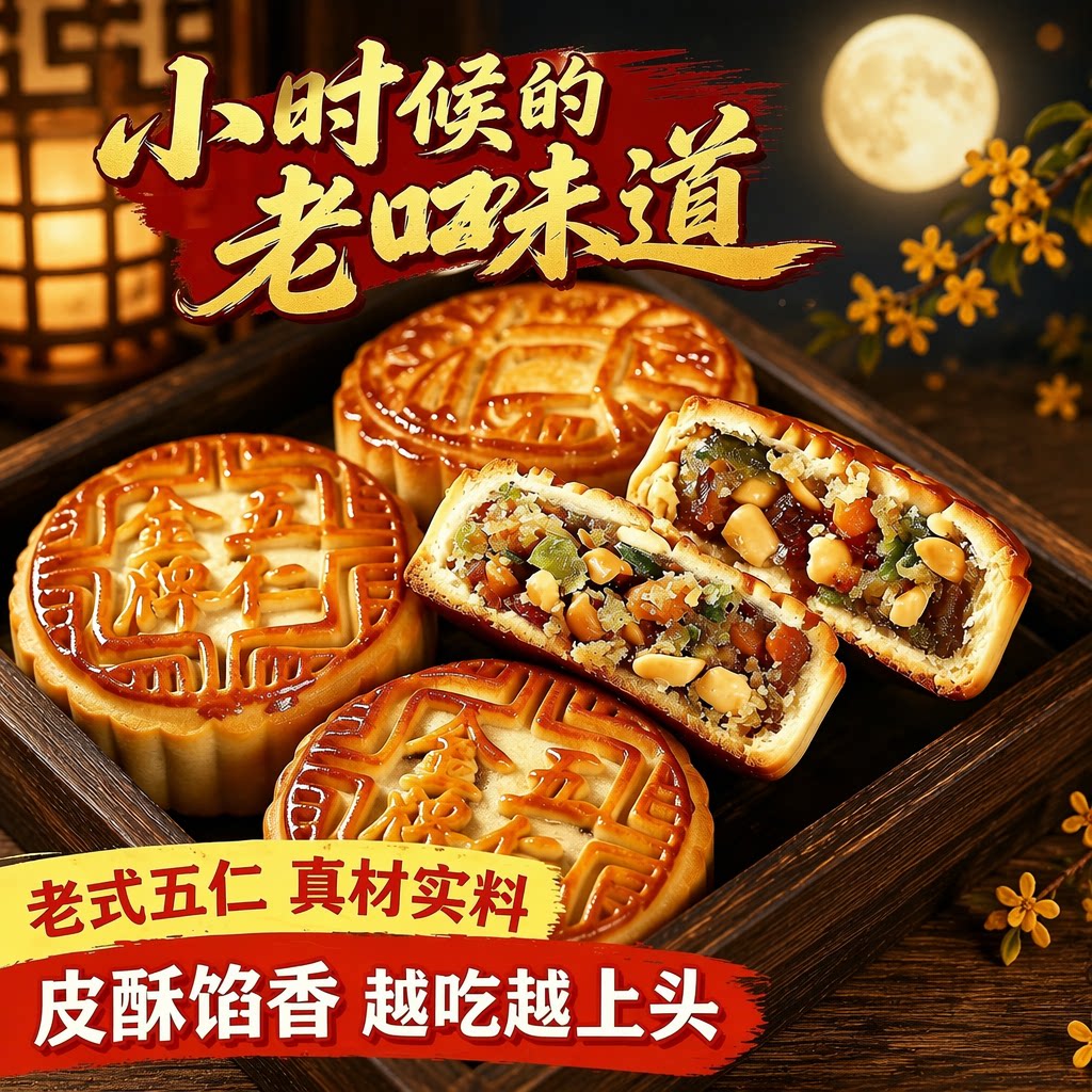 拍一发十【广东特产】老式月饼传统五仁皮薄馅足中秋送礼月饼-J