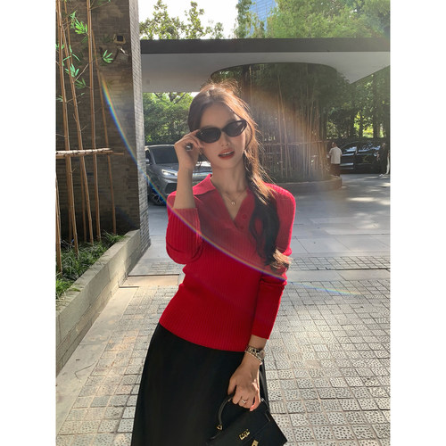 Maluona 红色Polo领IOO绵羊毛修身长袖针织衫女气质V领内搭打底