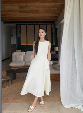 Maluona高级感白色背心连衣裙女法式气质长裙无袖收腰肌理感裙子