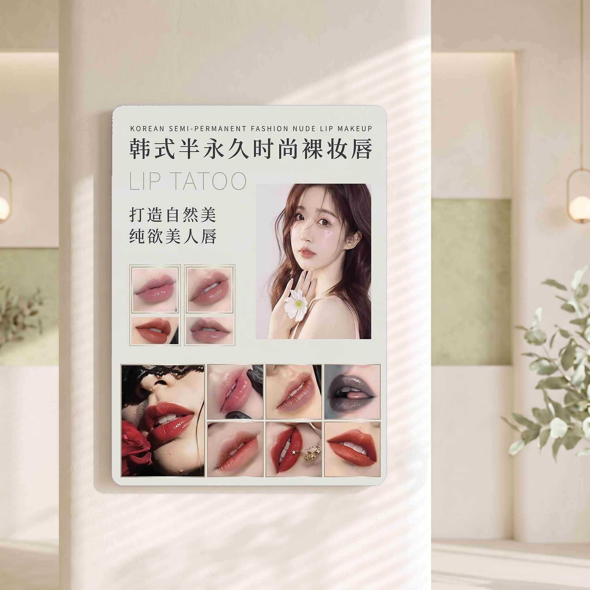 韩式半永久裸妆唇纹绣宣传海报美容院纹唇项目介绍装饰画