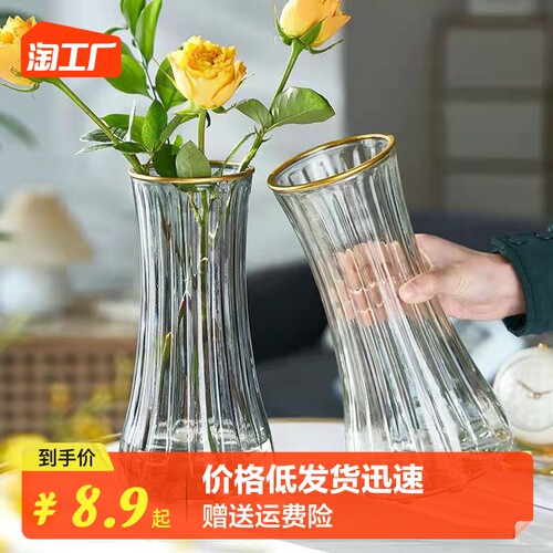 轻奢创意描金玻璃花瓶鲜花插花玫瑰富贵竹黄金葛水培家居装饰摆件