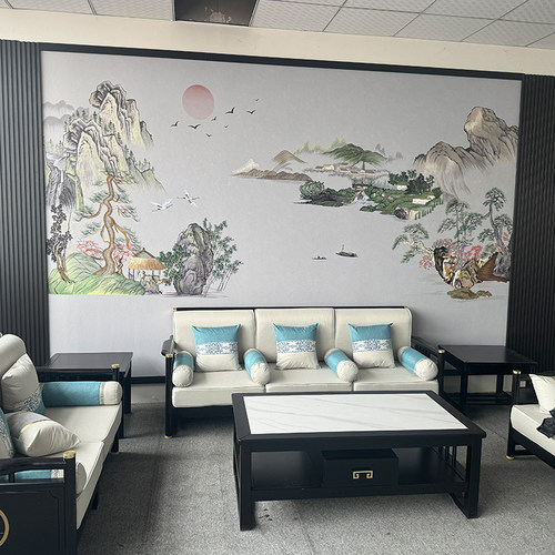 无壁独绣水绣山水现代中式山刺客厅电视沙发背景缝布壁画