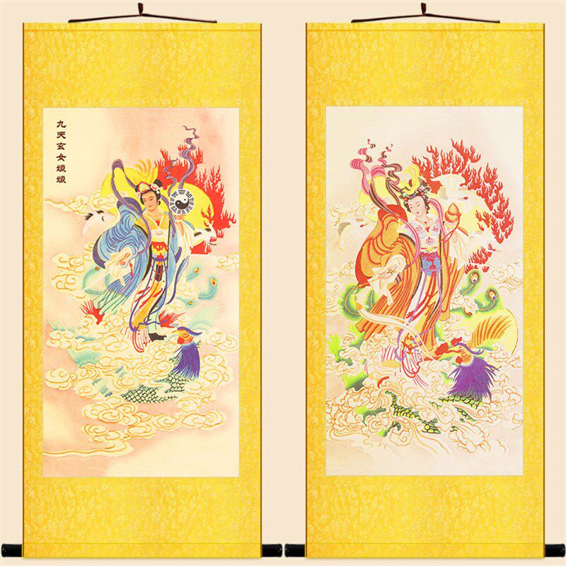 九天玄女娘娘人物神像轴 玄母天绢尊布卷画挂画 复古装饰画定制