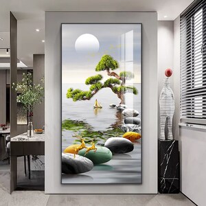 玄壁装饰画走廊过运挂画迎客松福鹿石来道转寓意好入户正对门关画