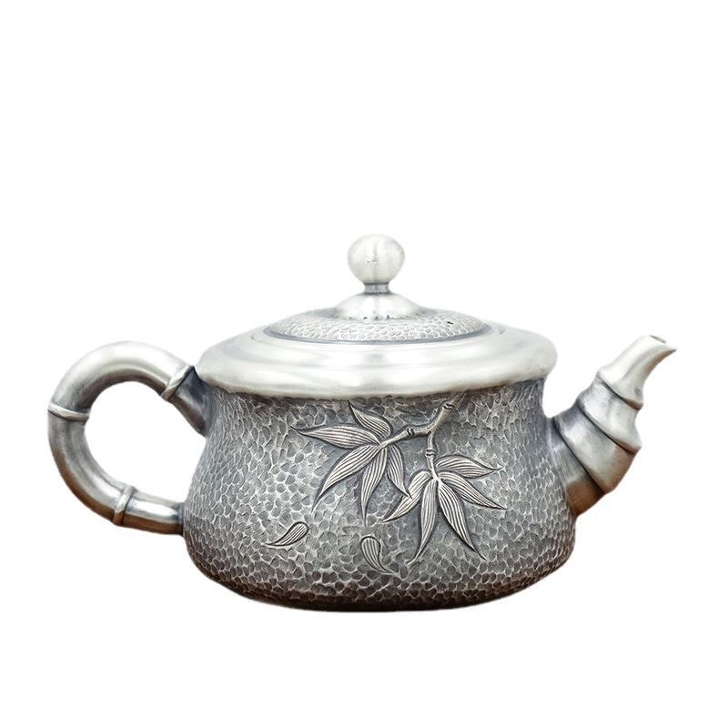 云南银品新款竹叶套m装茶具浮雕錾刻仿古套装手工银制迷你小茶壶