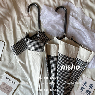 msho 敲赞禁欲系拼接很白格长伞黑适合拍照的直杆伞韩i柄s长n雨伞